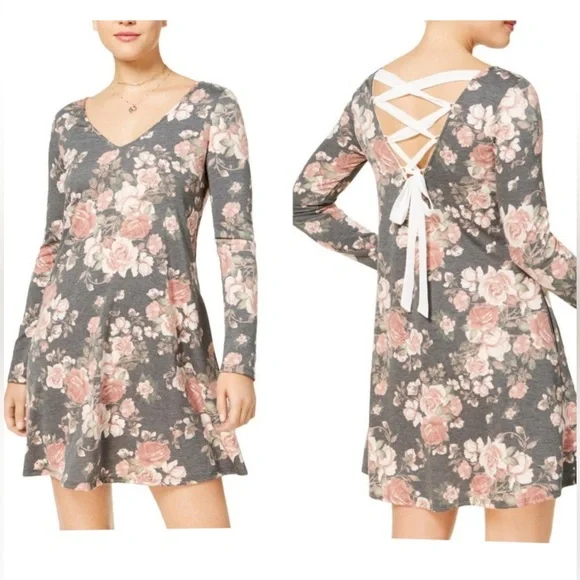 BCX Floral Lace Up Long Sleeve Swing Dress - Picture 1 of 11